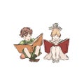 Boy and girl read books.